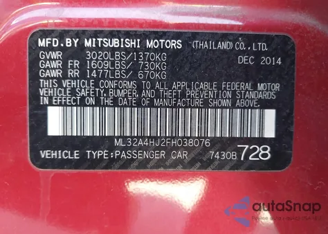 2015 Mitsubishi Mirage Es/Rf z USA, uszkodzony, nr VIN ML32A4HJ2FH038076